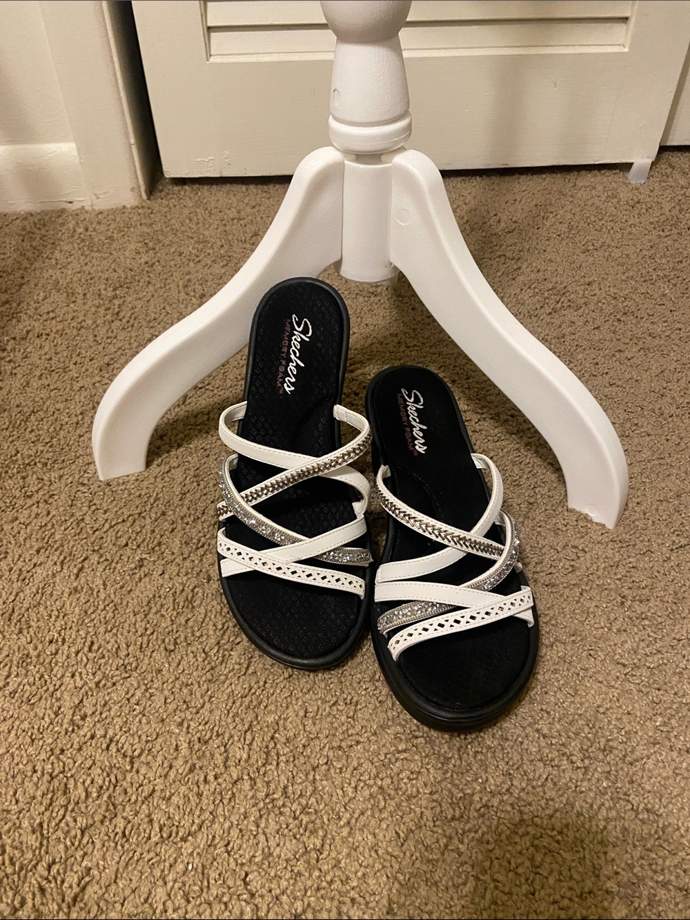 Skechers Black Footbed White Strappy Slide Sandals